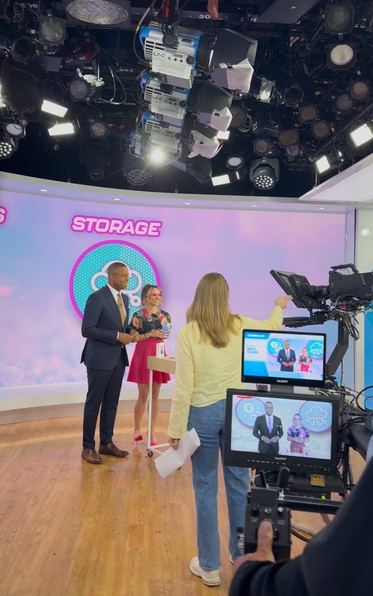Female tech speaker Katie Linendoll on a national television set